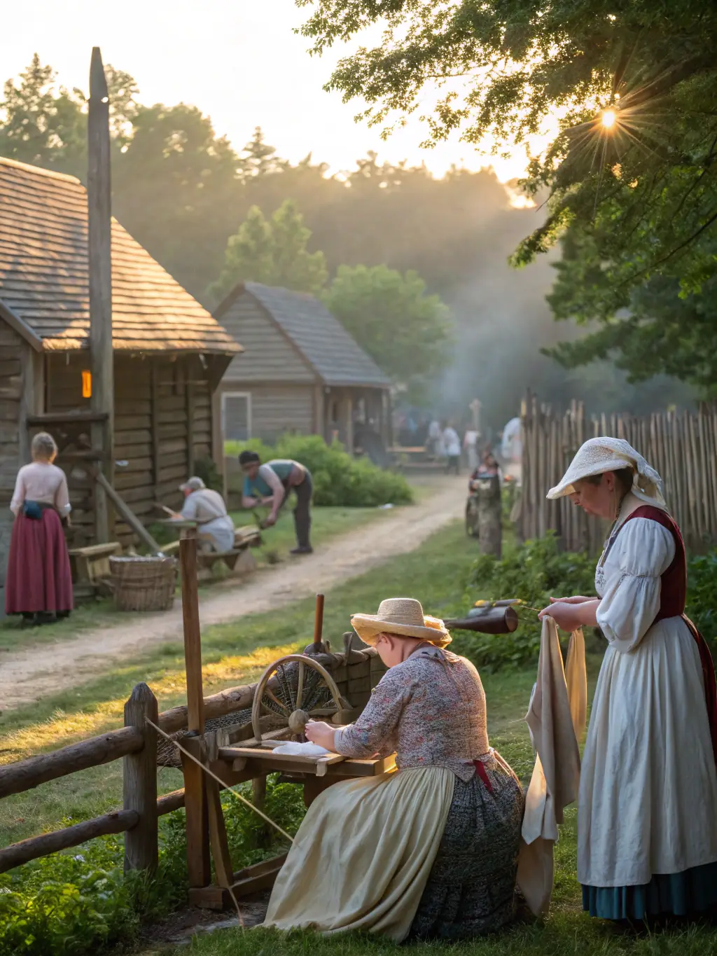 A photograph of participants in a historical reenactment event at the Vassogne Museum, dressed in period costumes and engaging in traditional activities.