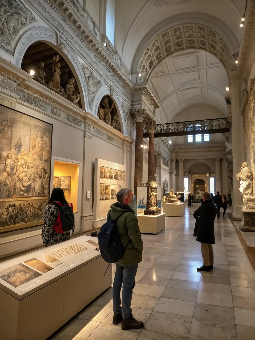 A photograph of a museum guide leading a group of visitors through the Vassogne Museum, highlighting key artifacts and sharing historical insights.