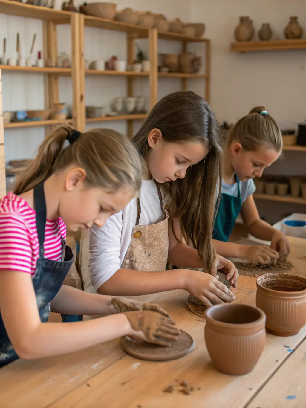 A photograph of children actively participating in a pottery workshop at the Vassogne Museum, showcasing hands-on learning and engagement with local crafts.